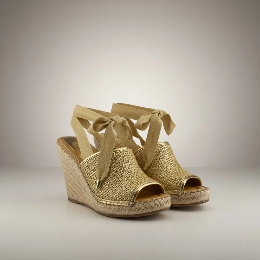 Franco Sarto Size 6 Gold Woven Espadrille Wedge Ankle Wrap with box